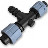 Trójnik z wtykiem na wąż 20 mm i dwoma przyłączami do taśmy kroplującej 16 mm