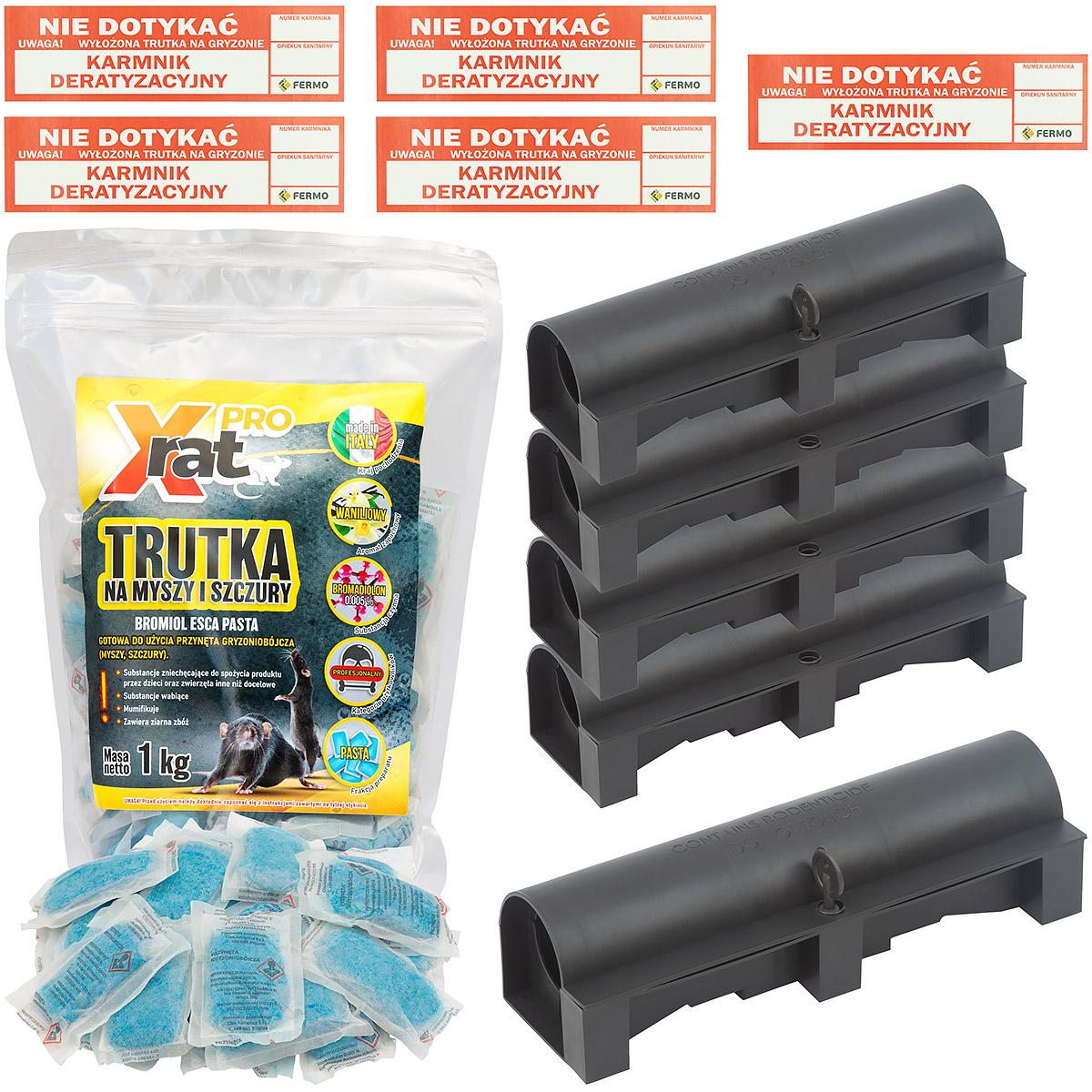 Najskuteczniejszy zestaw deratyzacyjny - trutka X-RAT PRO pasta w saszetkach 1 kg + 5 stacji deratyzacyjnych z naklejkami ostrzegawczymi