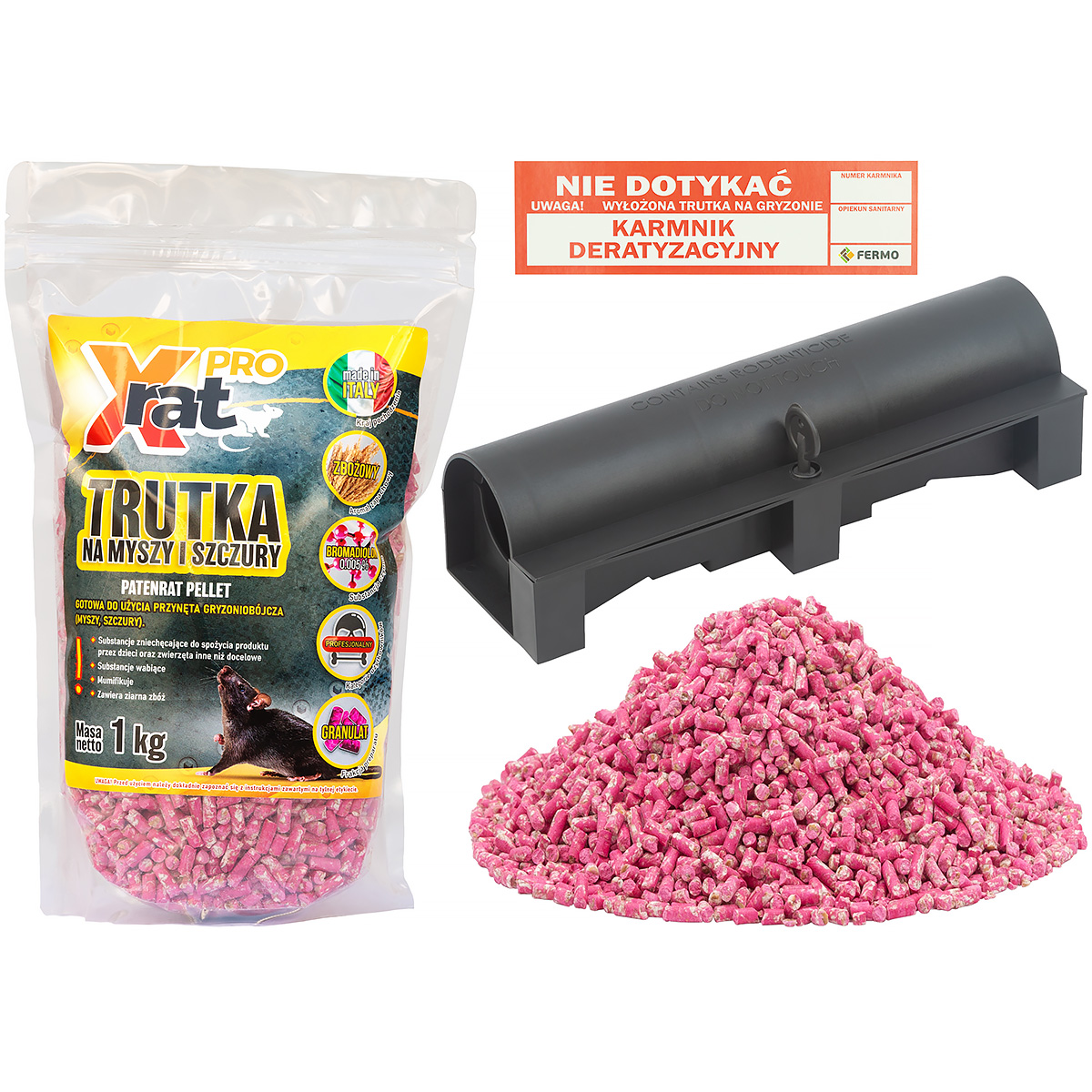 Skuteczny zestaw do zwalczania szczurów - trutka w granulacie 1 kg + karmnik