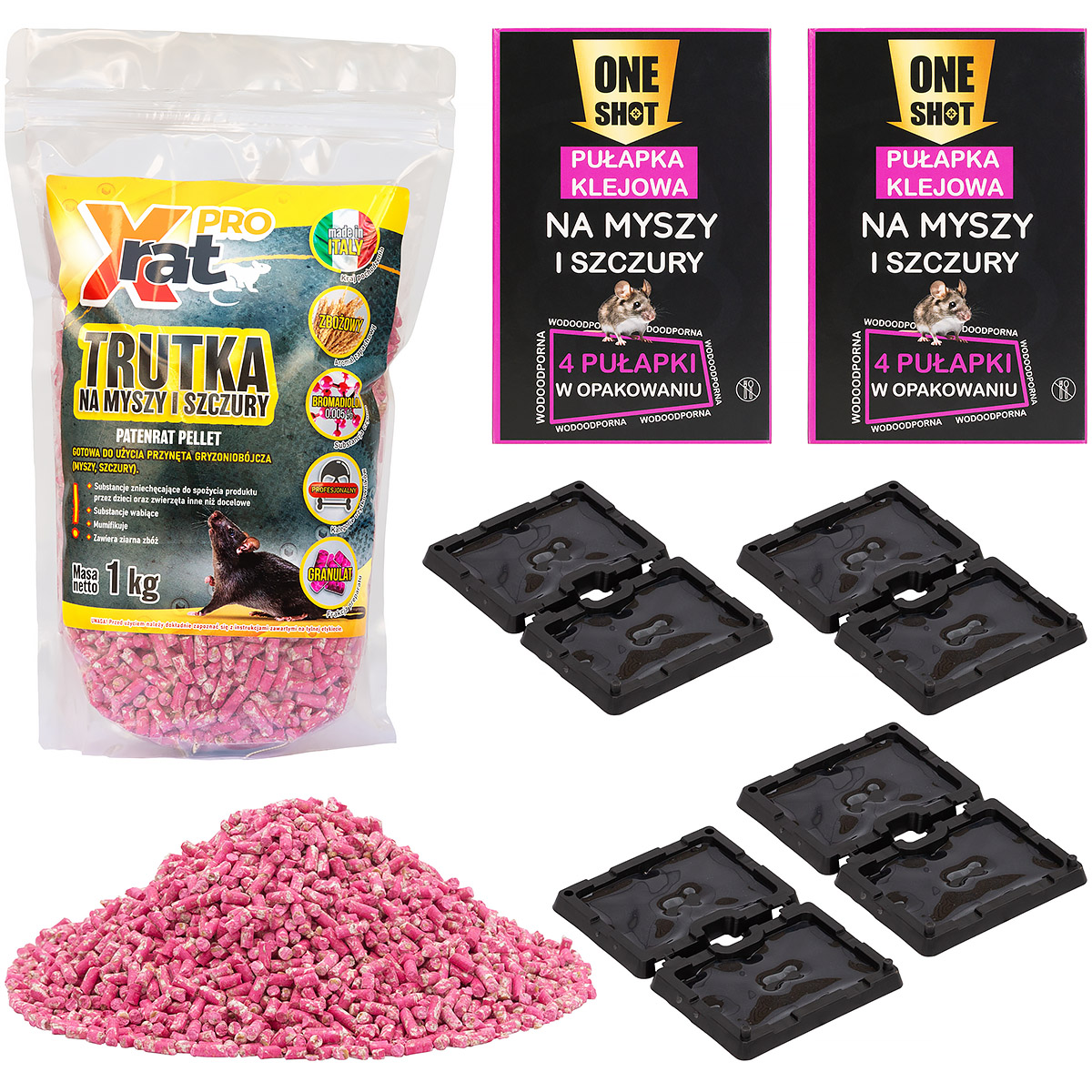 Zestaw do deratyzacji - granulat X-RAT PRO + lepy na myszy 8 szt. 