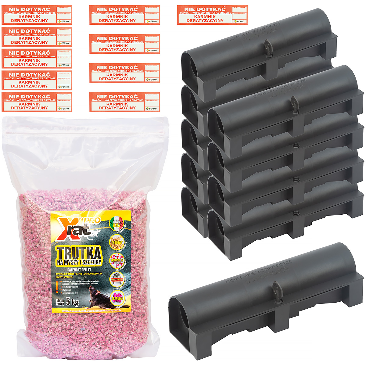 Duży zestaw do zwalczania szczur&oacute;w trutka X-RAT PRO granulat 5 kg  + 10 stacji z naklejkami