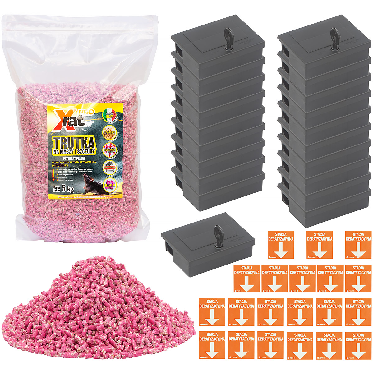 Zestaw deratyzacyjny trutka na myszy X-RAT PRO 5 kg granulat + 20 stacji z naklejkami