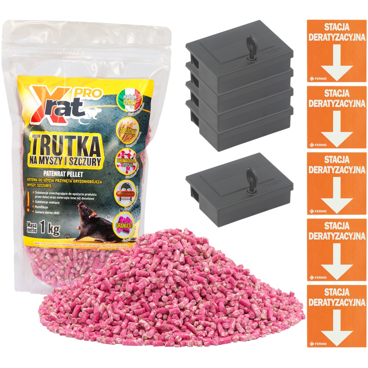 Zestaw do deratyzacji na myszy trutka granulat 1 kg X-RAT PRO + 5 karmnik&oacute;w z naklejkami