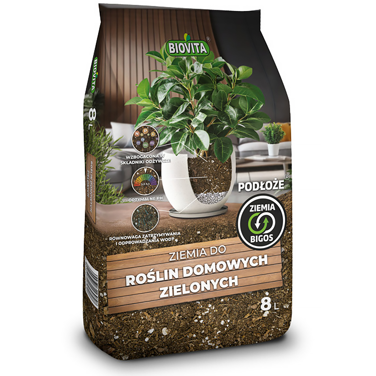 Ziemia BIGOS do roślin domowych zielonych 8l Biovita