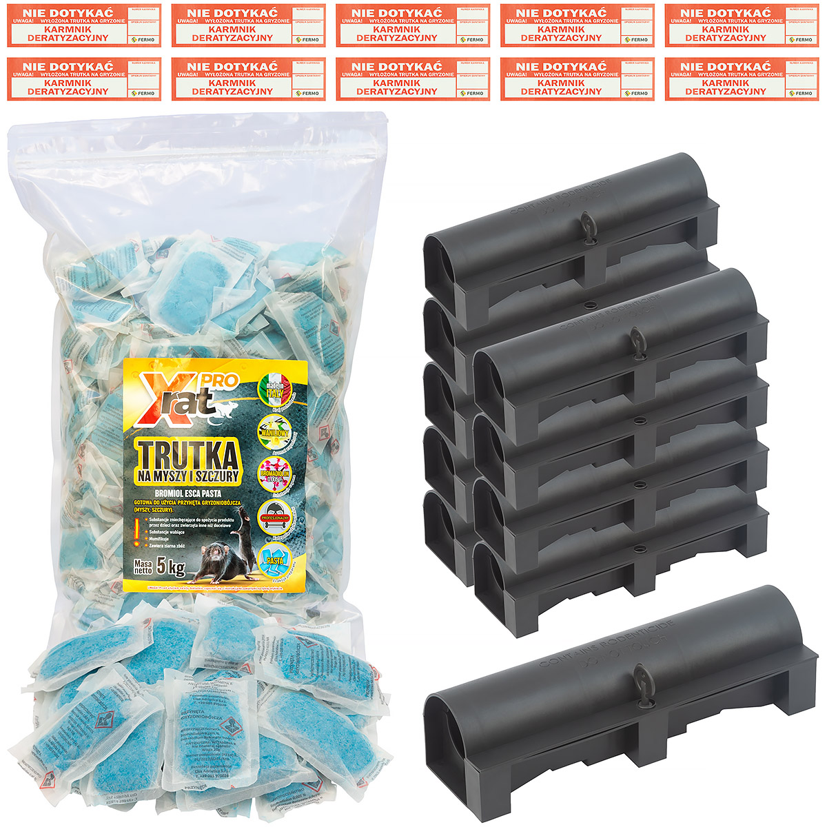 Zestaw deratyzacyjny na szczury 10 karmników + 5 kg trutki X-RAT PRO pasta